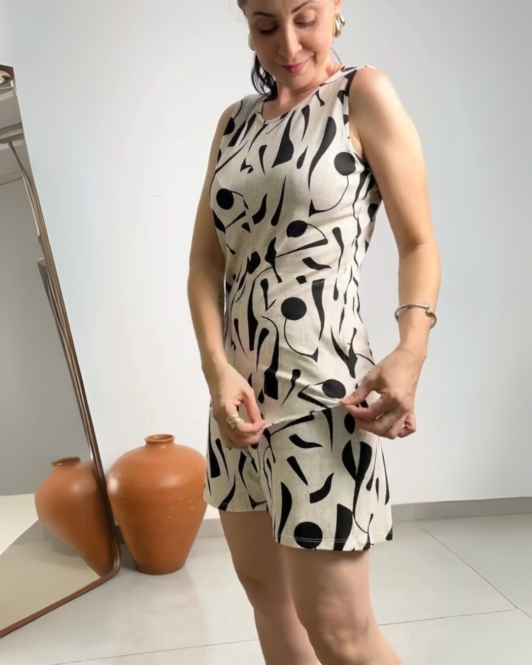 Abstract Noir Linen Cotton Stretchable Playsuit – Black Print