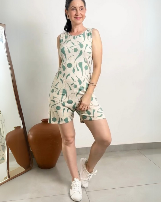 Verde Muse – Teal Green Print Linen Cotton Stretchable Playsuit