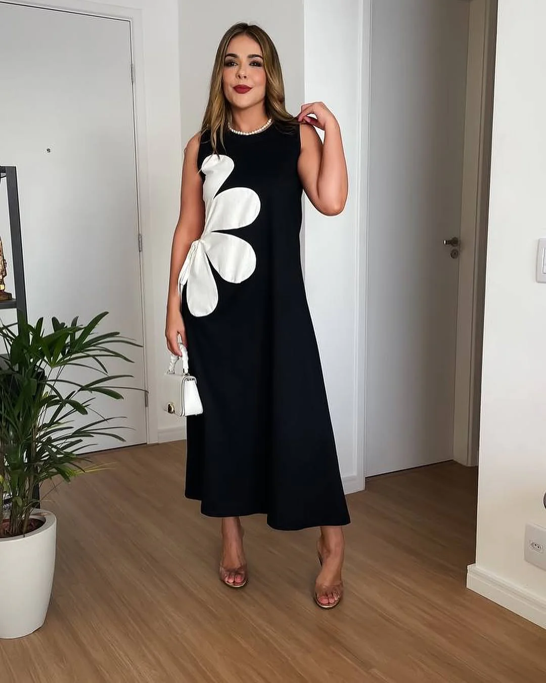 Lira Bloom Midi Dress with Statement Appliqué Floral - Midnight Black