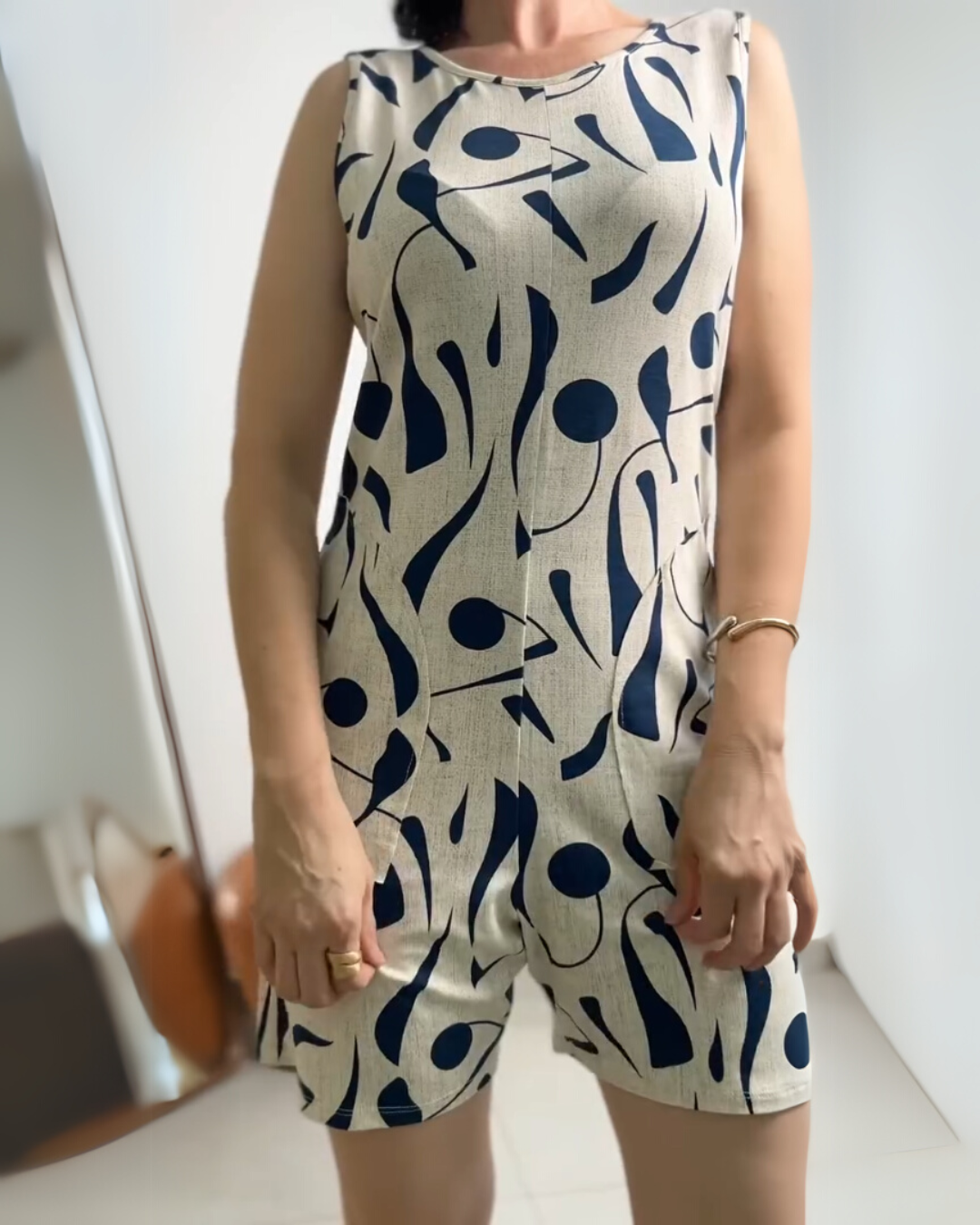 Abstract Noir Linen Cotton Stretchable Playsuit – Navy Blue