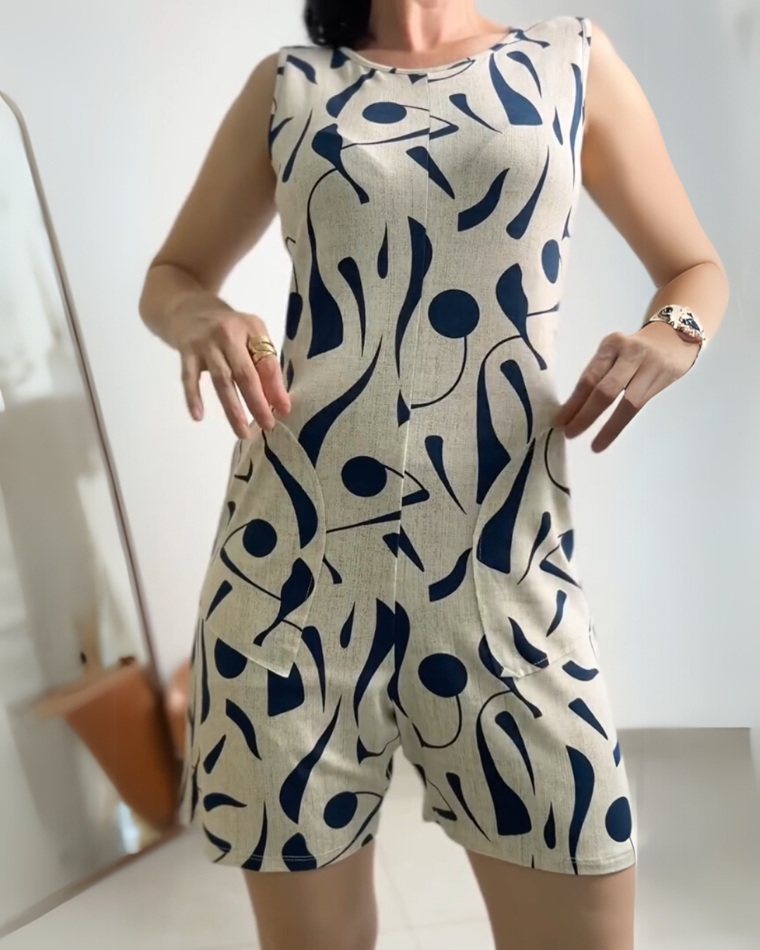 Abstract Noir Linen Cotton Stretchable Playsuit – Navy Blue
