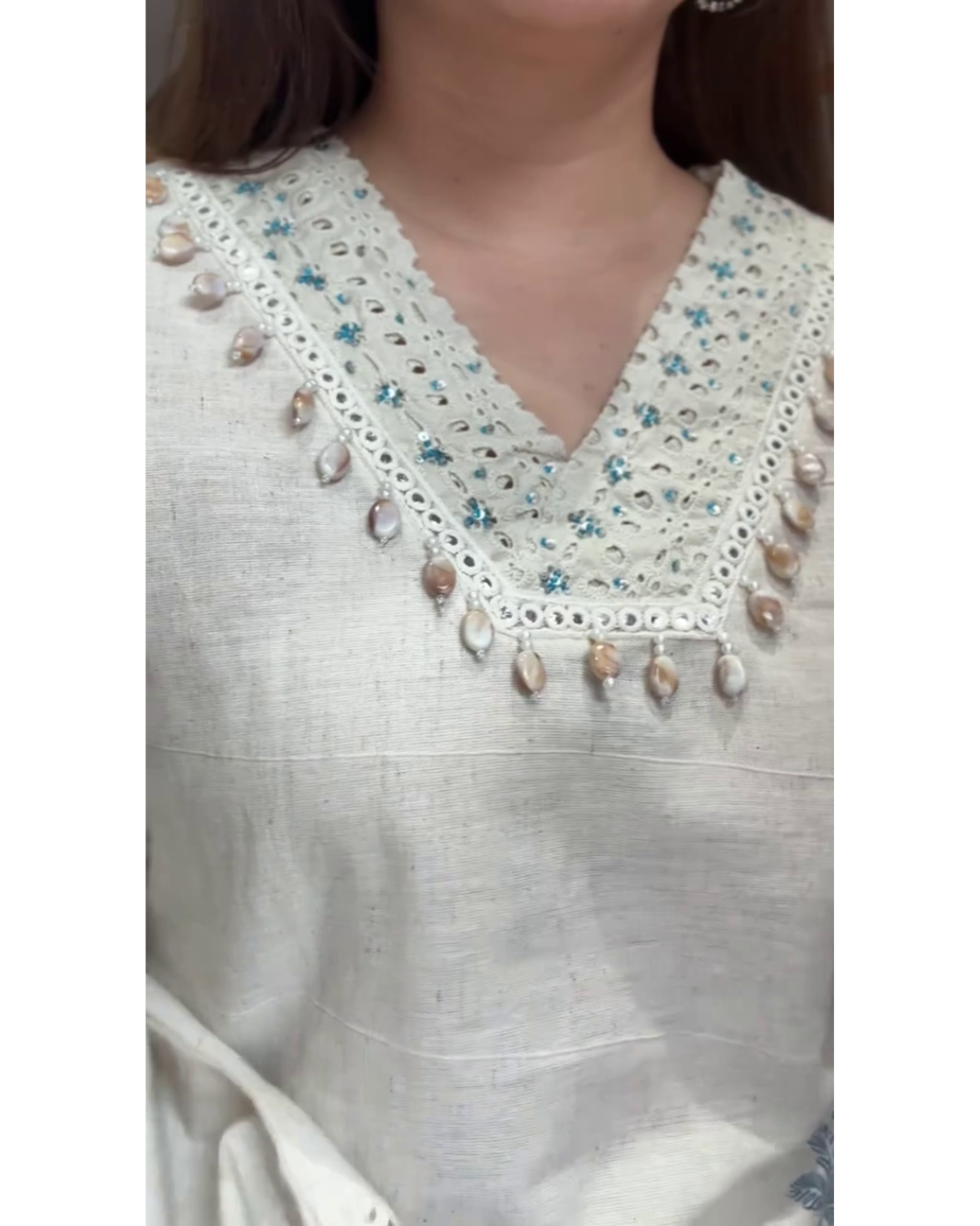 Navya – Ivory Cotton Kurta Set with Shell Neck & Floral Printed Pants - Blue