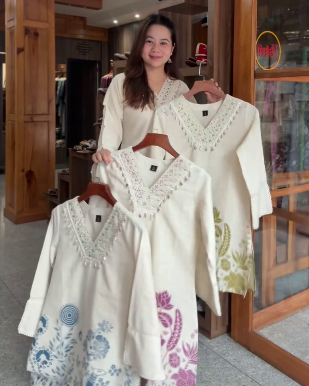 Navya – Ivory Cotton Kurta Set with Shell Neck & Floral Printed Pants - Pink