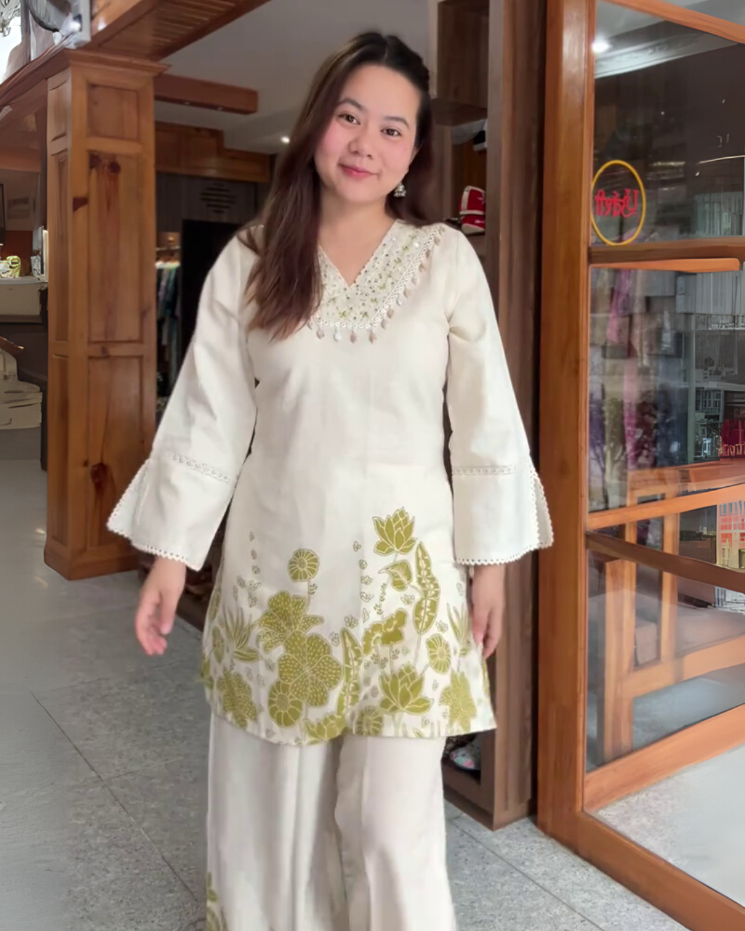 Navya – Ivory Cotton Kurta Set with Shell Neck & Floral Printed Pants - Yellow