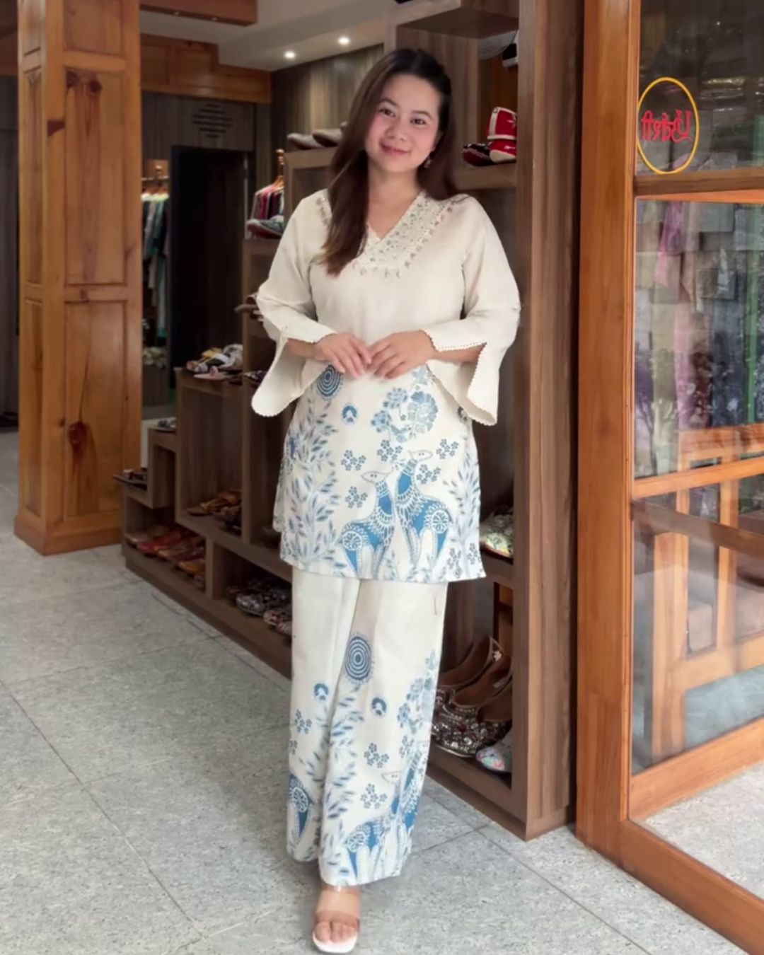 Navya – Ivory Cotton Kurta Set with Shell Neck & Floral Printed Pants - Blue