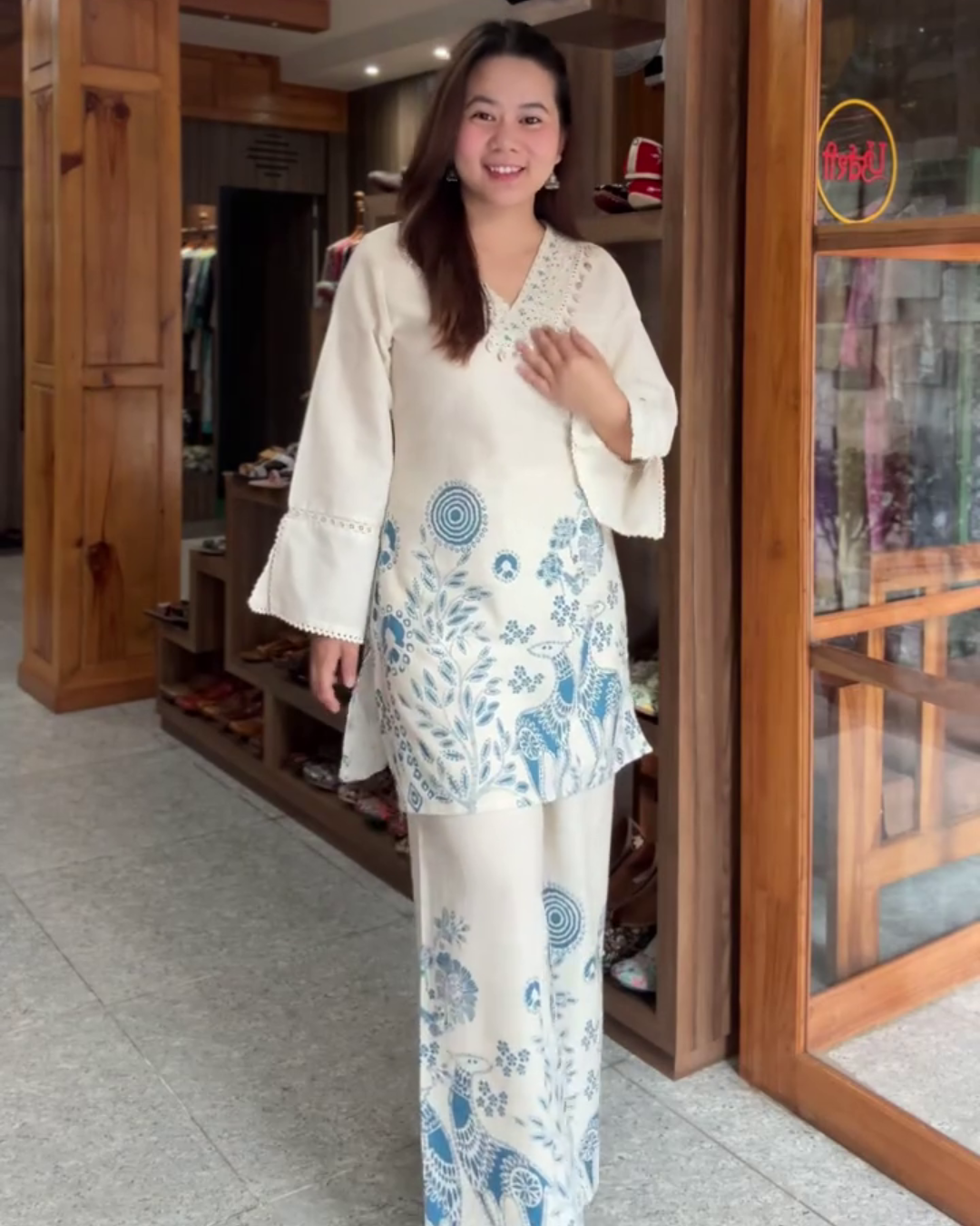 Navya – Ivory Cotton Kurta Set with Shell Neck & Floral Printed Pants - Blue