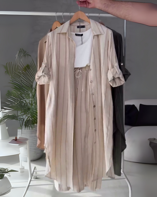 TwillEase – Beige Cotton Striped Co-ord Set