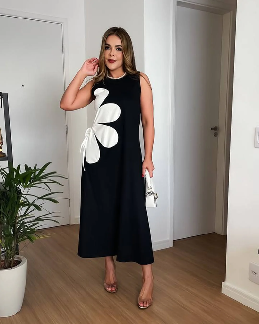 Lira Bloom Midi Dress with Statement Appliqué Floral - Midnight Black