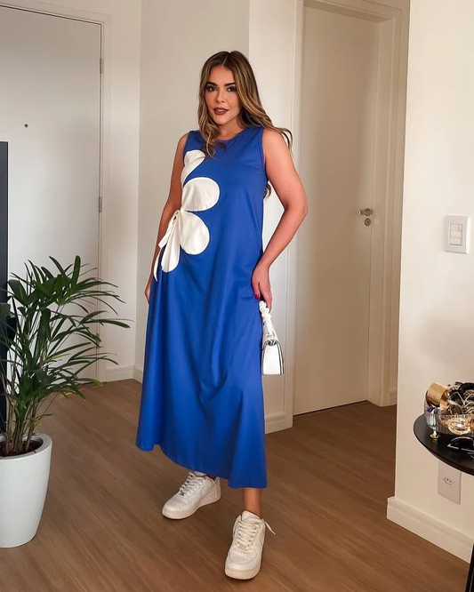 Lira Bloom Midi Dress with Statement Appliqué Floral - Royal Blue