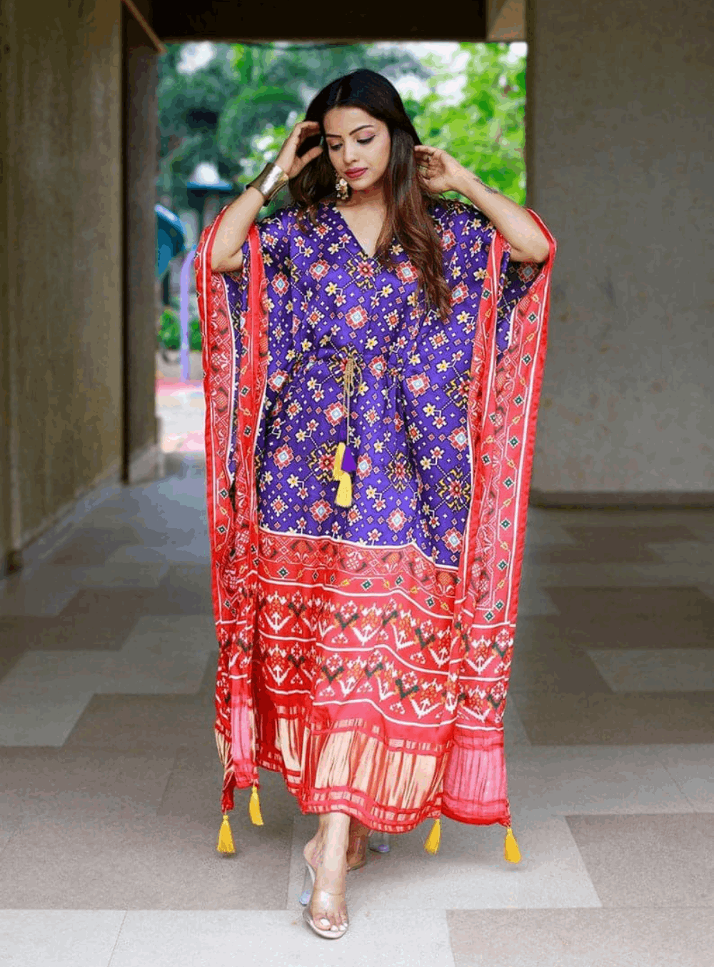 Waadi Color Digital Bandhej Print Pure Gaji Silk kaftan