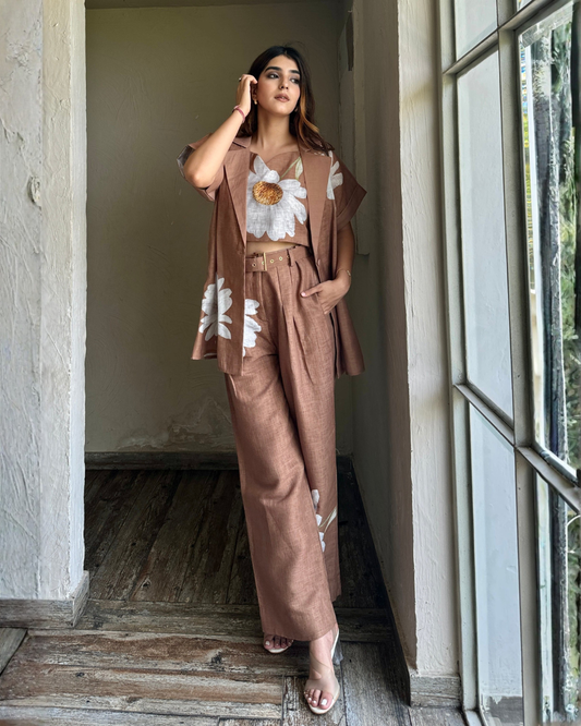 Velmora – Mocha 3-Piece Co-ord Set with Floral Print