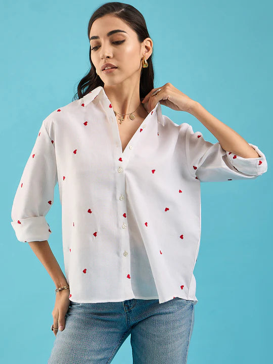 Embroidered Cotton Shirt with Hearts