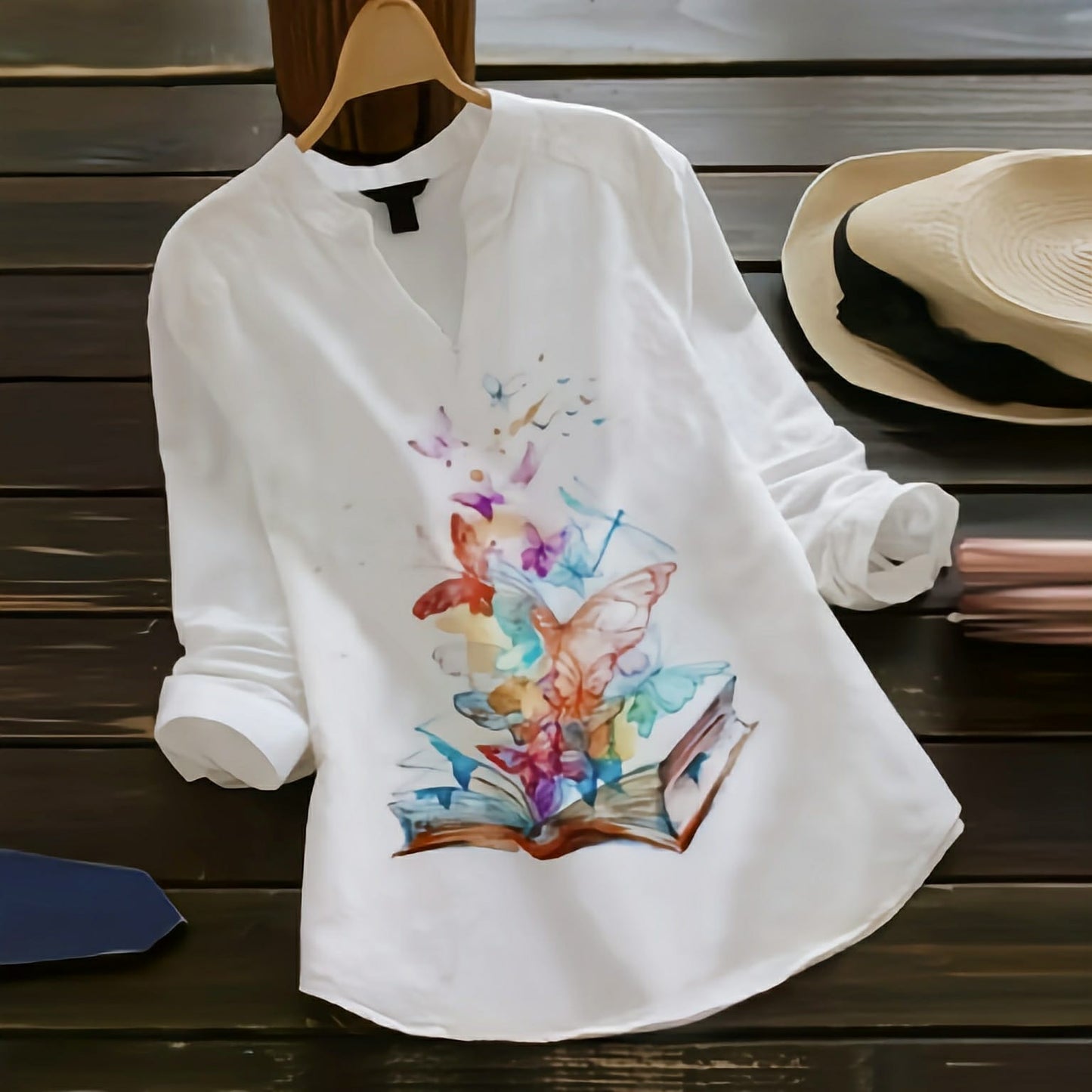 Book Butterfly Print Rayon White  Top