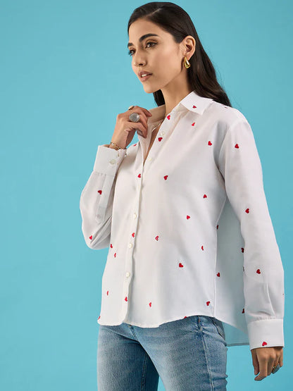 Embroidered Cotton Shirt with Hearts