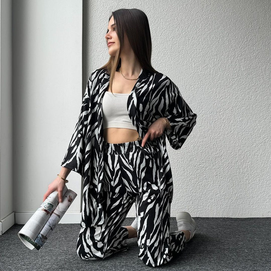 Zebra Print Oversized Shirt with Pants - Black