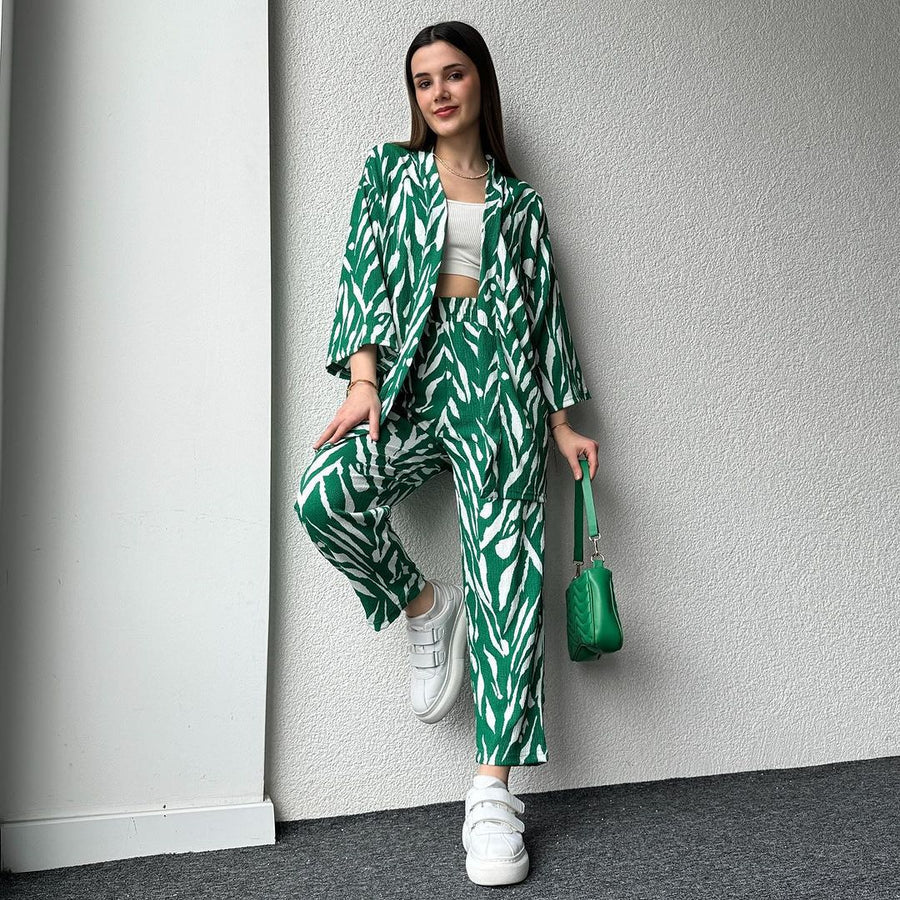 Zebra Print Oversized Shirt with Pants - Sea Green