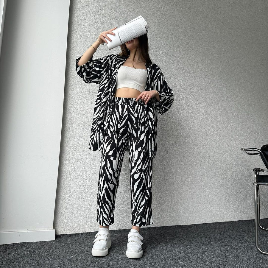 Zebra Print Oversized Shirt with Pants - Black