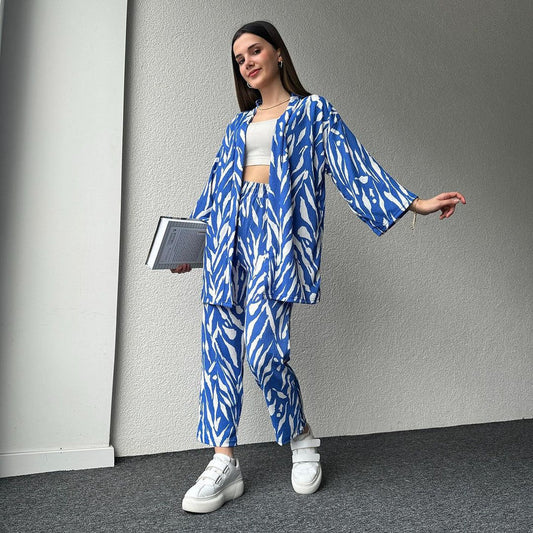 Zebra Print Oversized Shirt with Pants - Royal Blue