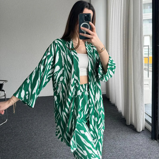 Zebra Print Oversized Shirt with Pants - Sea Green