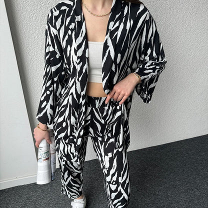 Zebra Print Oversized Shirt with Pants - Black