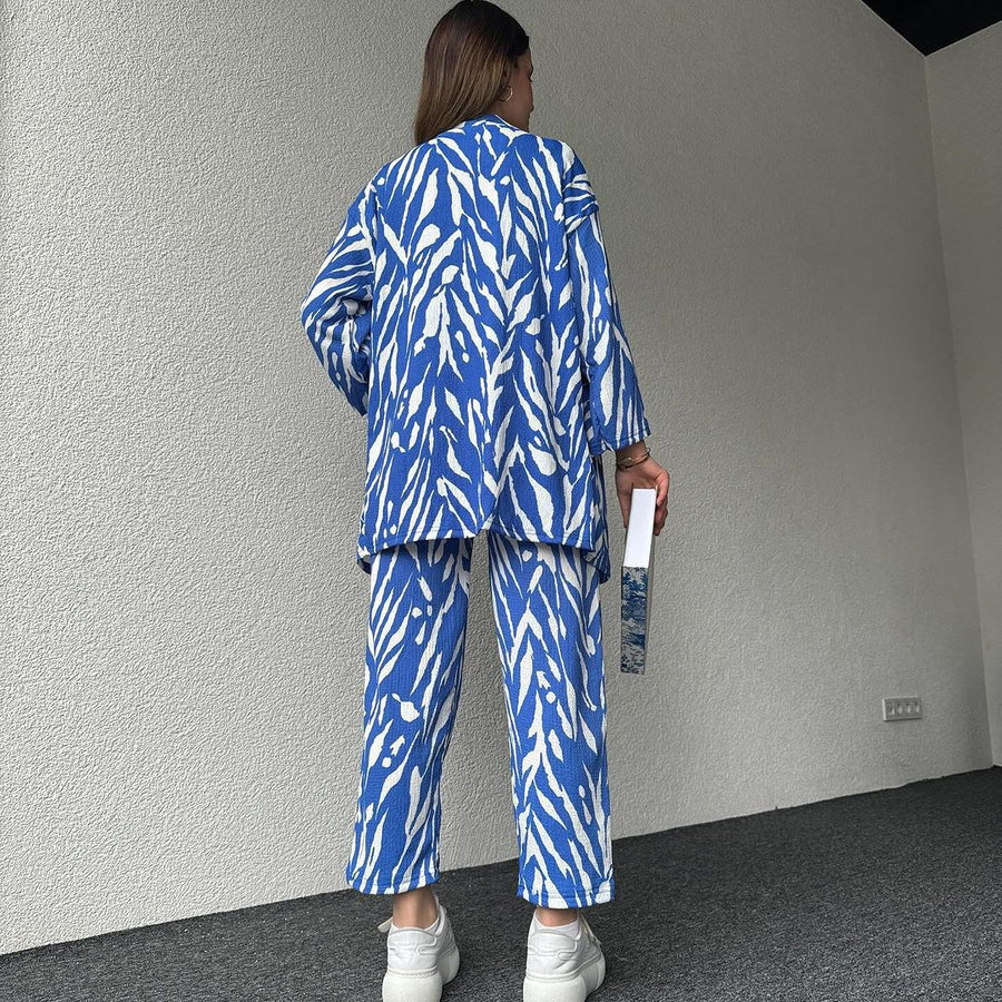 Zebra Print Oversized Shirt with Pants - Royal Blue