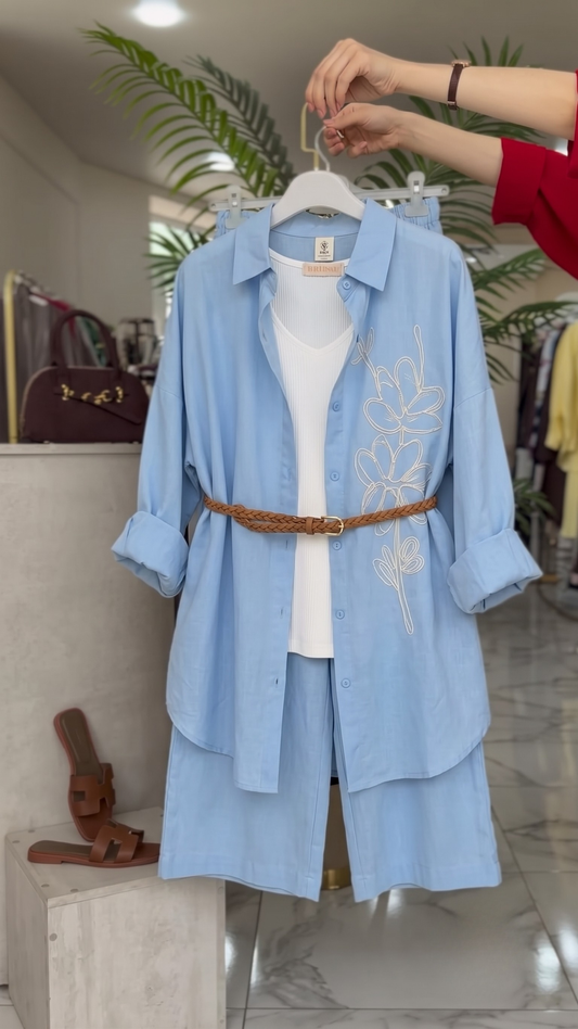 Sandstone Sky Blue Floral Embroidered Soft Co Ord Set