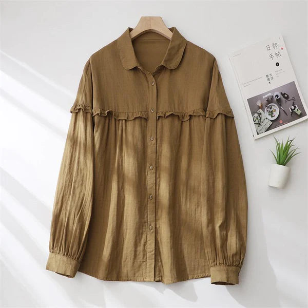 Down Shoulder Cotton Ruffle Loose Fit Shirt