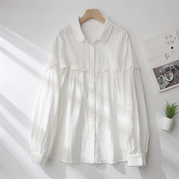 Down Shoulder Cotton Ruffle Loose Fit Shirt