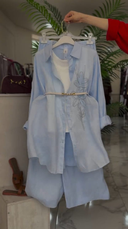 Sandstone Sky Blue Floral Embroidered Soft Co Ord Set