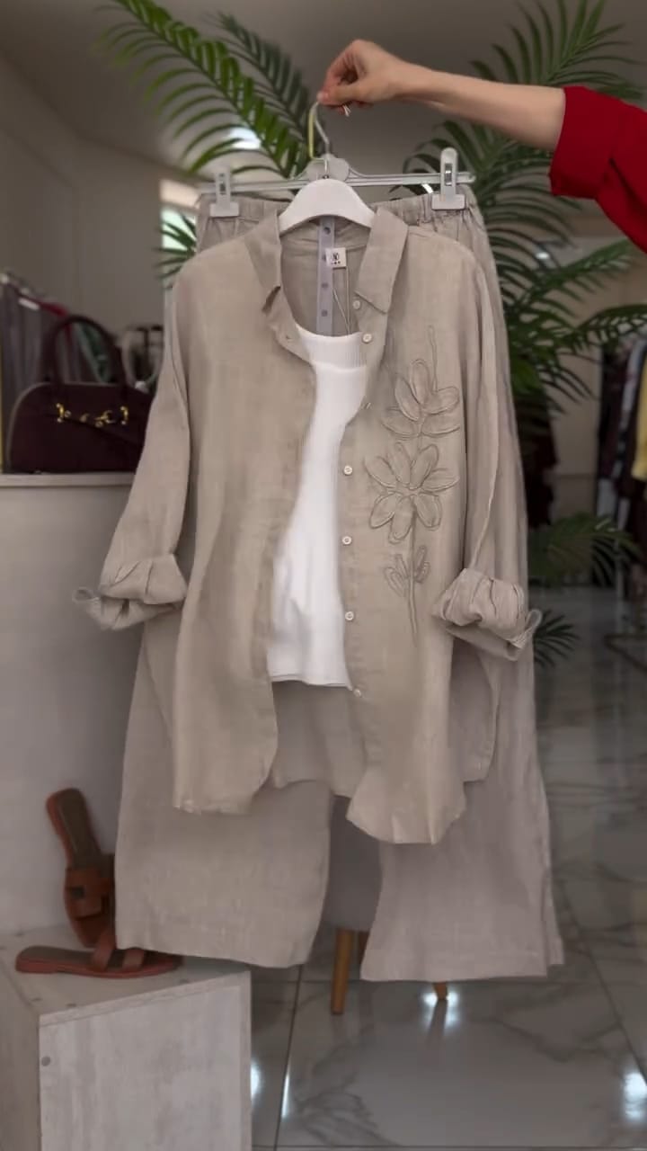 Sandstone Light Taupe Floral Embroidered Soft Co Ord Set