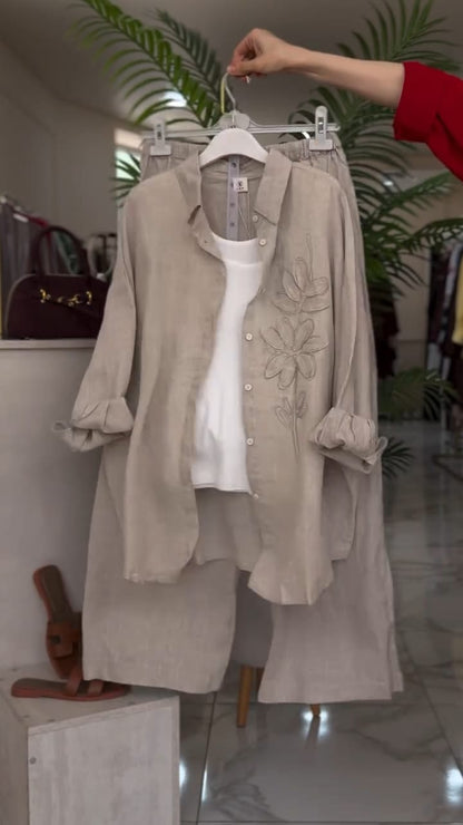 Sandstone Light Taupe Floral Embroidered Soft Co Ord Set