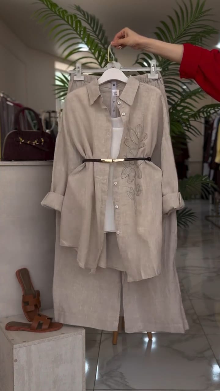 Sandstone Light Taupe Floral Embroidered Soft Co Ord Set