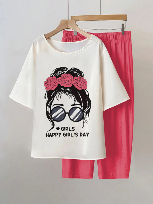 Women's Printed Top And Solid Color Long Pants