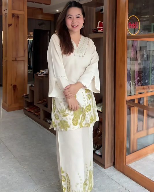 Navya – Ivory Cotton Kurta Set with Shell Neck & Floral Printed Pants - Yellow