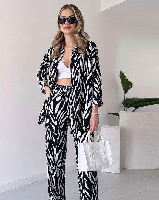 Zebra Print Oversized Shirt with Pants - Black