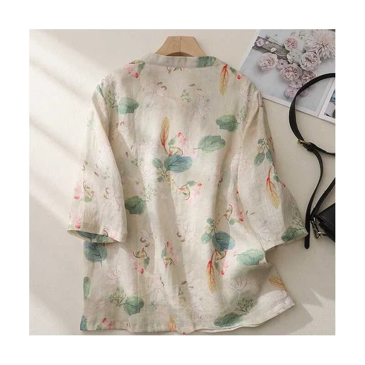 Chinese-inspired Stand-Up Collar Linen Shirt with Print