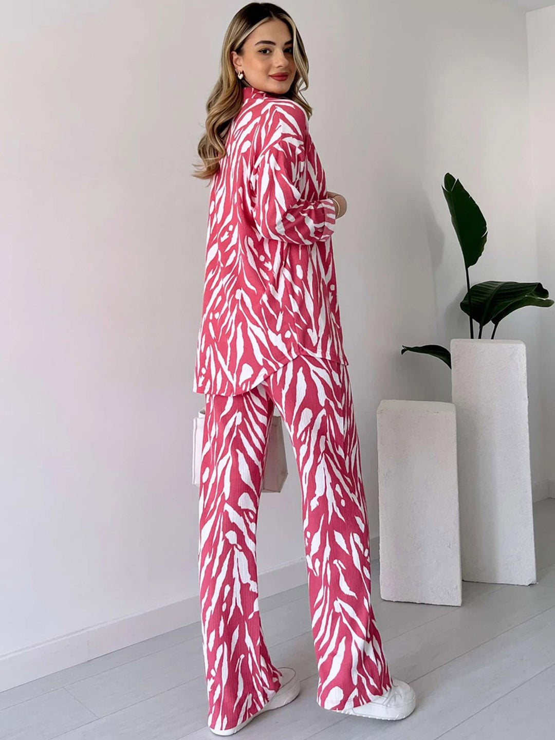 Zebra Print Oversized Shirt with Pants - Baby Pink