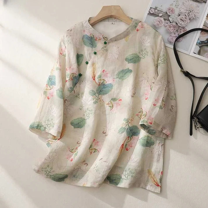 Chinese-inspired Stand-Up Collar Linen Shirt with Print