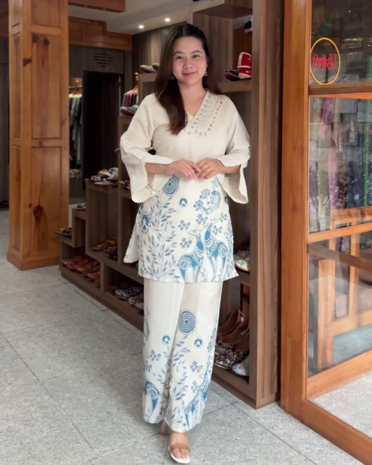 Navya – Ivory Cotton Kurta Set with Shell Neck & Floral Printed Pants - Blue