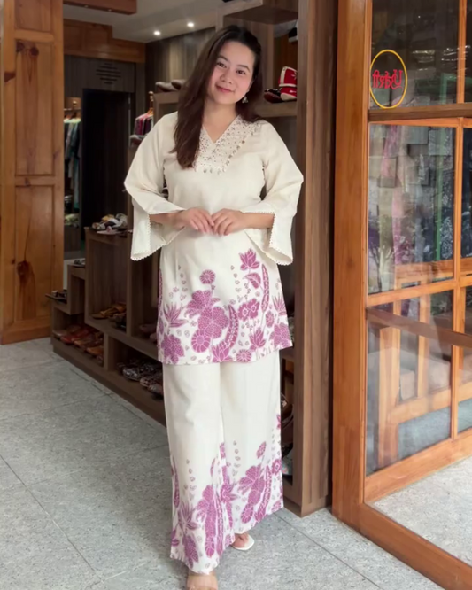 Navya – Ivory Cotton Kurta Set with Shell Neck & Floral Printed Pants - Pink