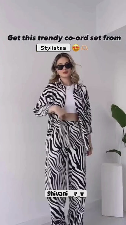 Zebra Print Oversized Shirt with Pants - Black