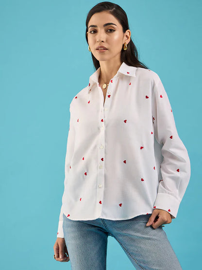 Embroidered Cotton Shirt with Hearts